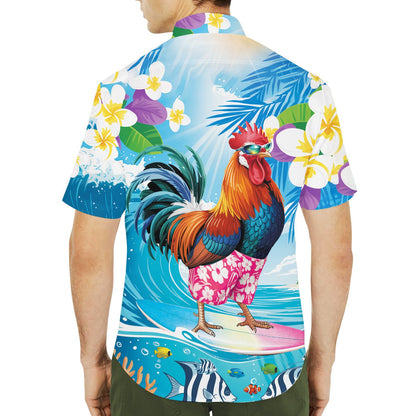 Second lifestyle view showcasing the tropical rooster hawaiian shirts outdoors