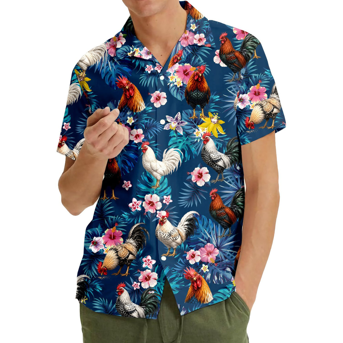 Couple wearing matching family hawaiian shirts with rooster design