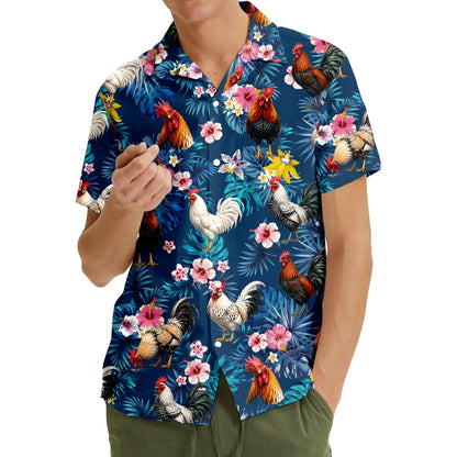 Couple wearing matching family hawaiian shirts with rooster design