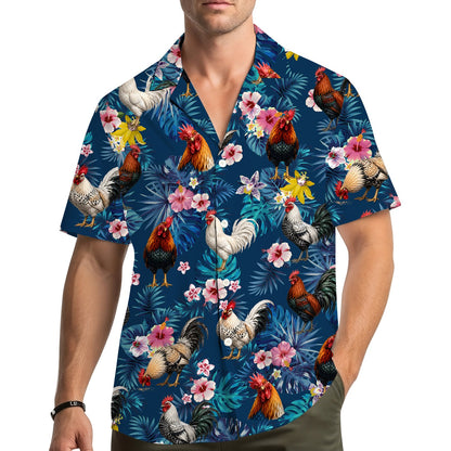 Family wearing matching tropical rooster hawaiian shirts outdoors