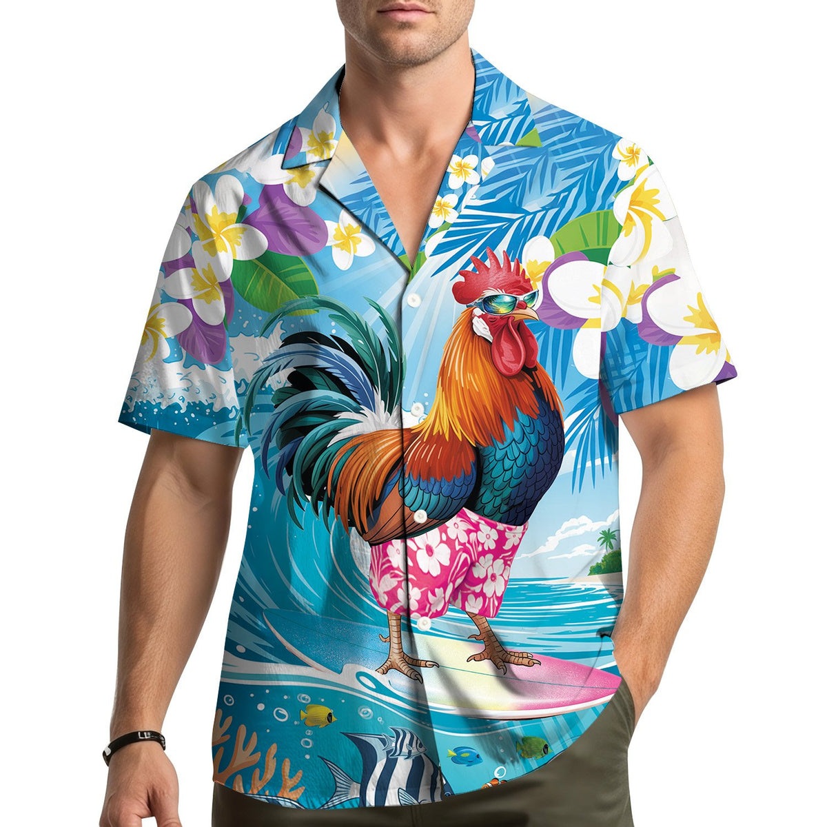 Lifestyle view of a family wearing the matching tropical rooster hawaiian shirts