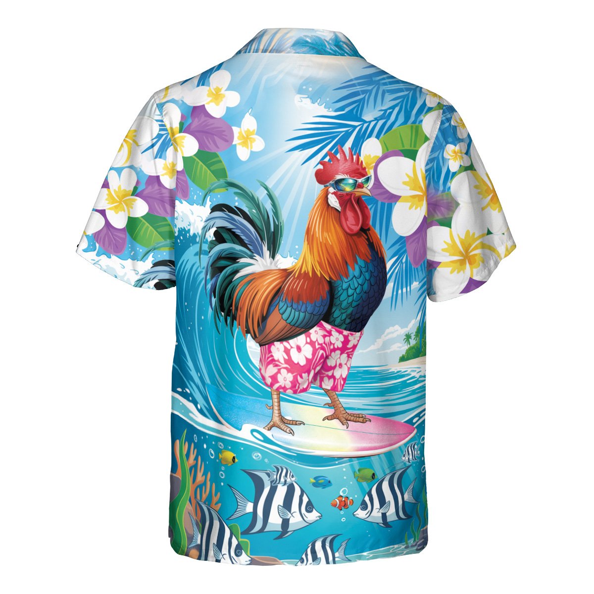 Back view of the tropical rooster surfing hawaiian shirt with ocean waves