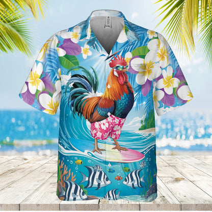Alternate front view of the rooster surfing matching family hawaiian shirt