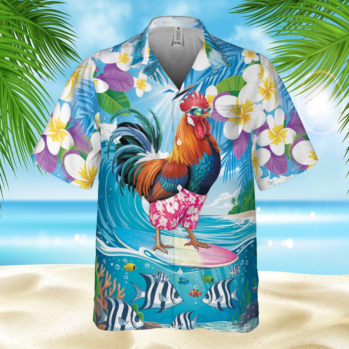 Matching family hawaiian shirts in a vibrant tropical rooster surfing print