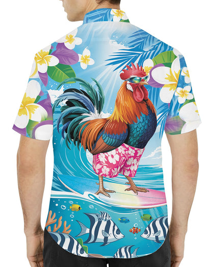 Second lifestyle view of the tropical rooster surfing hawaiian shirt in action