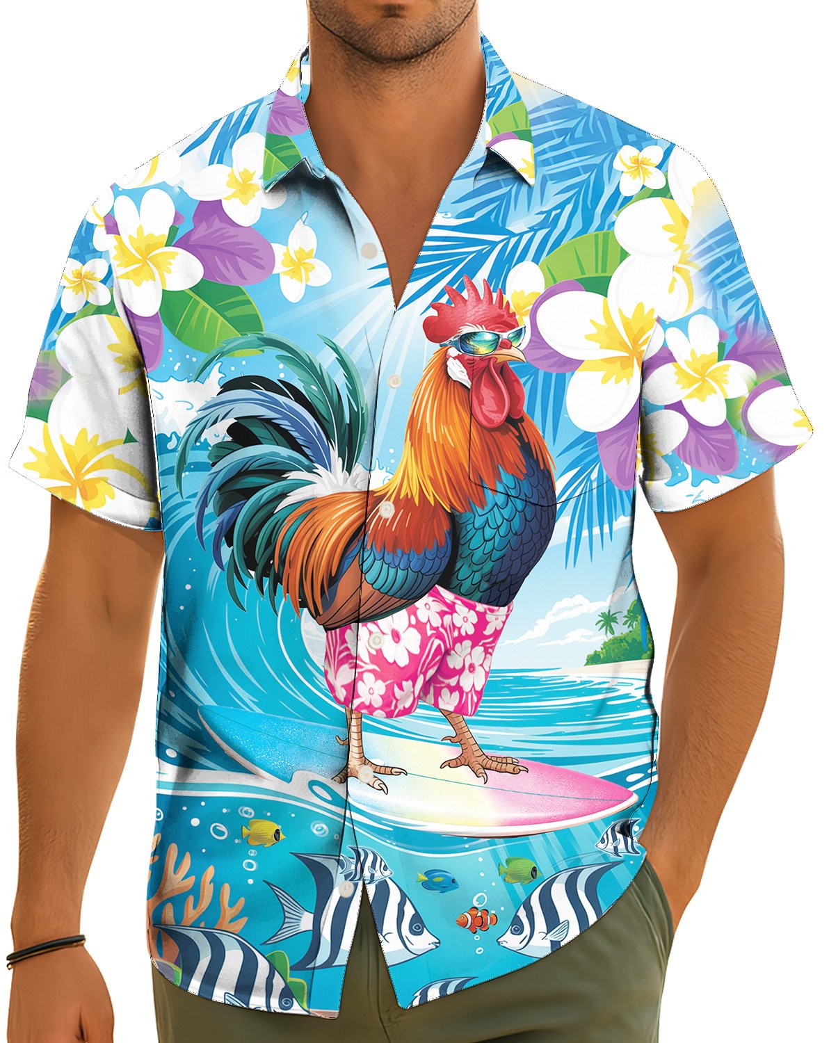 Lifestyle view of family matching outfits featuring the surfing rooster design