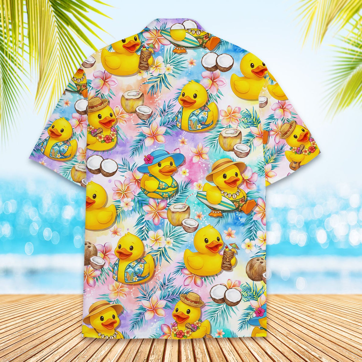 Matching family hawaiian shirts featuring tropical rubber ducks, alternate back view