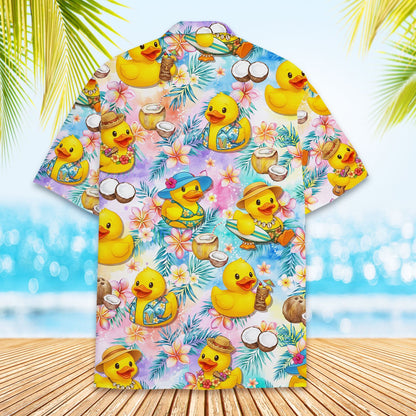 Matching family hawaiian shirts featuring tropical rubber ducks, alternate back view