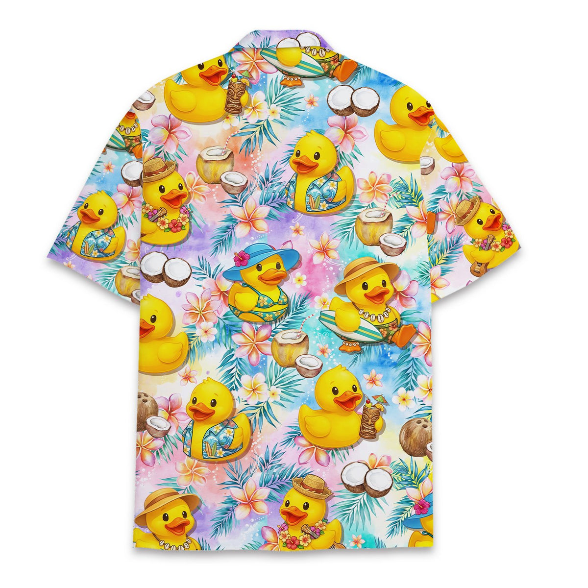 Multicolor tropical hawaiian shirt with rubber ducks design, back view
