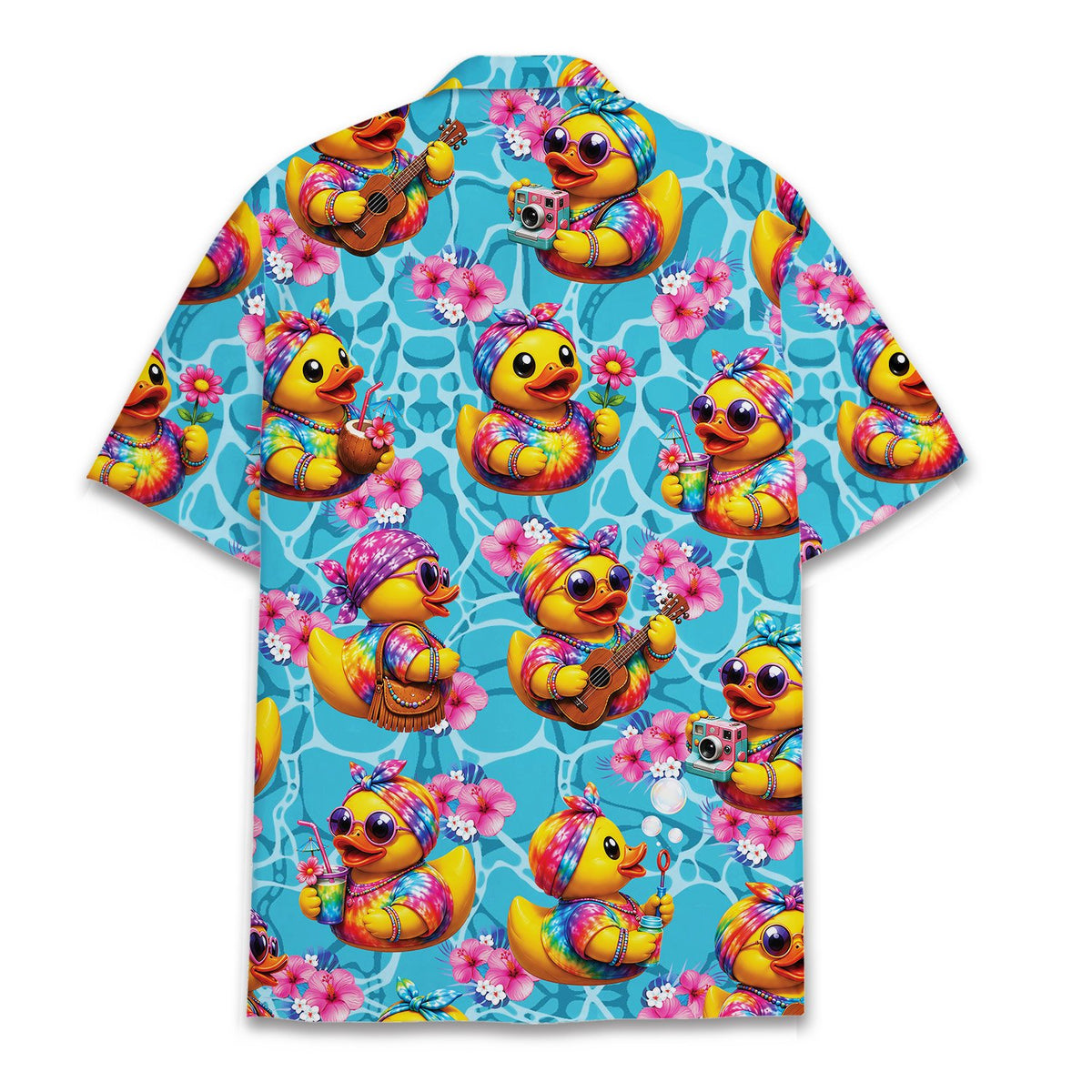 Matching family Hawaiian shirt with toy ducks pattern, back view
