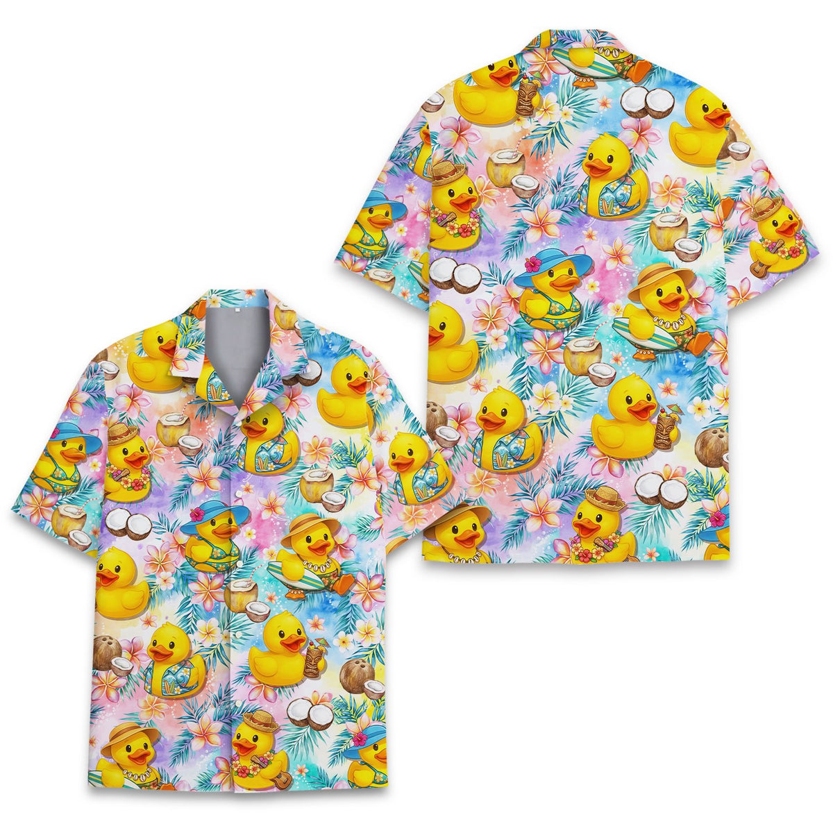 Multicolor tropical hawaiian shirt with yellow rubber ducks, alternate front view