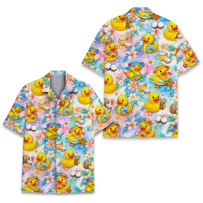 Multicolor tropical hawaiian shirt with yellow rubber ducks, alternate front view