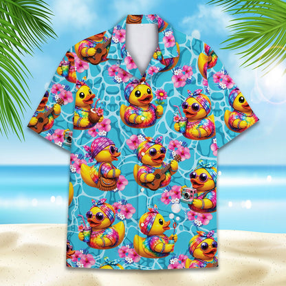 Matching family Hawaiian shirt with hibiscus and toy ducks, front view 2