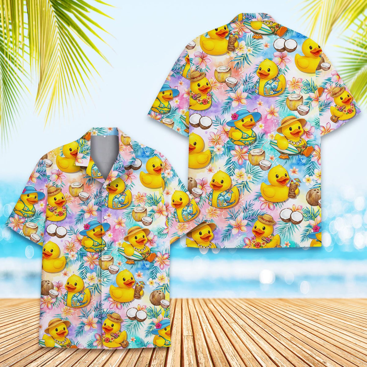 Matching family hawaiian shirts in pastel colors, close front view