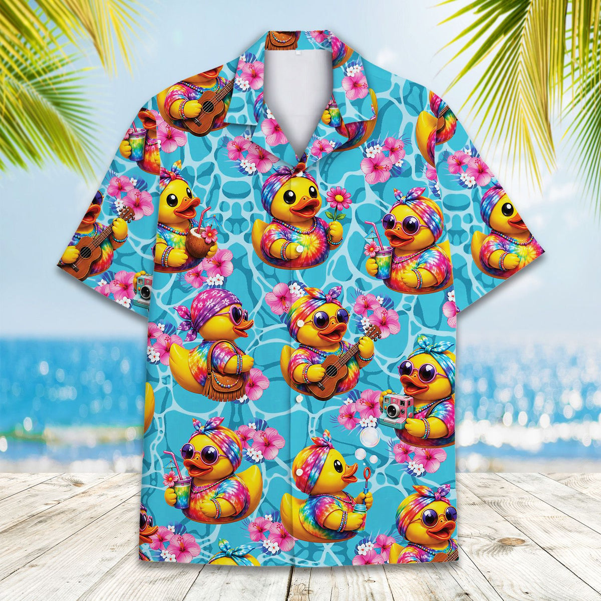Matching family Hawaiian shirt light blue and yellow, front view 3