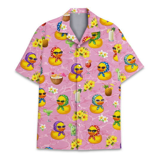 Main view of the matching family hawaiian shirt with pink bath ducks design