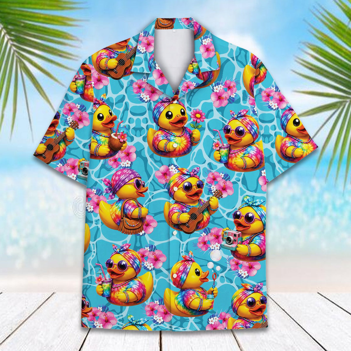 Matching family Hawaiian shirt featuring toy ducks pattern, front view