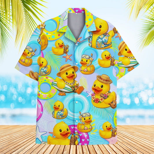 Matching family hawaiian shirts with tropical rubber ducks main view