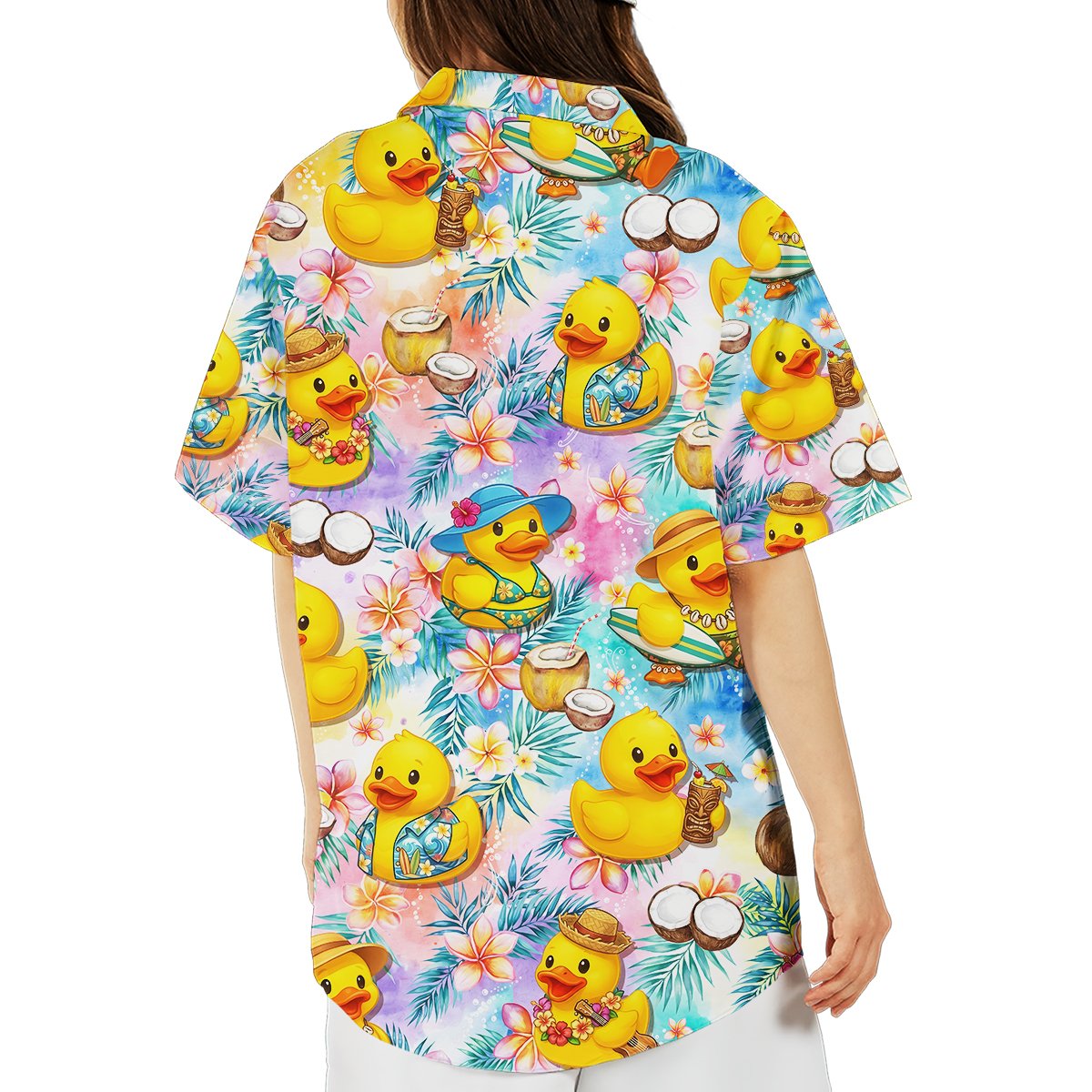 Third lifestyle view showing the tropical rubber ducks design in a family setting