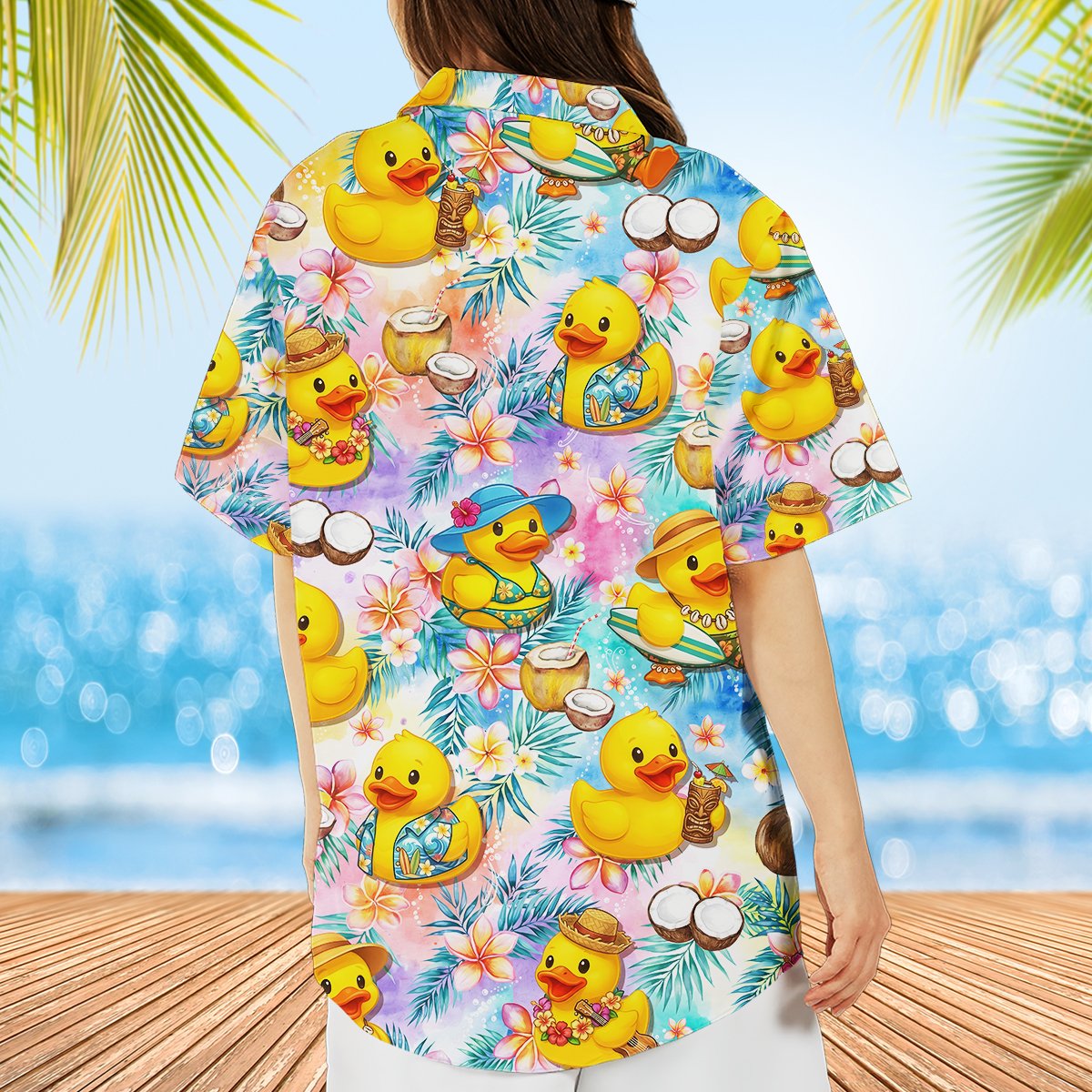 Fourth lifestyle view of the matching family hawaiian shirts on vacation