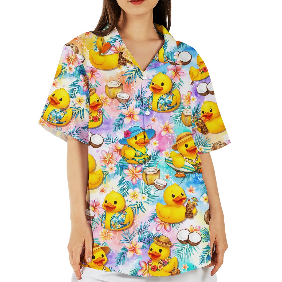 Lifestyle view of a family wearing matching hawaiian shirts with rubber ducks