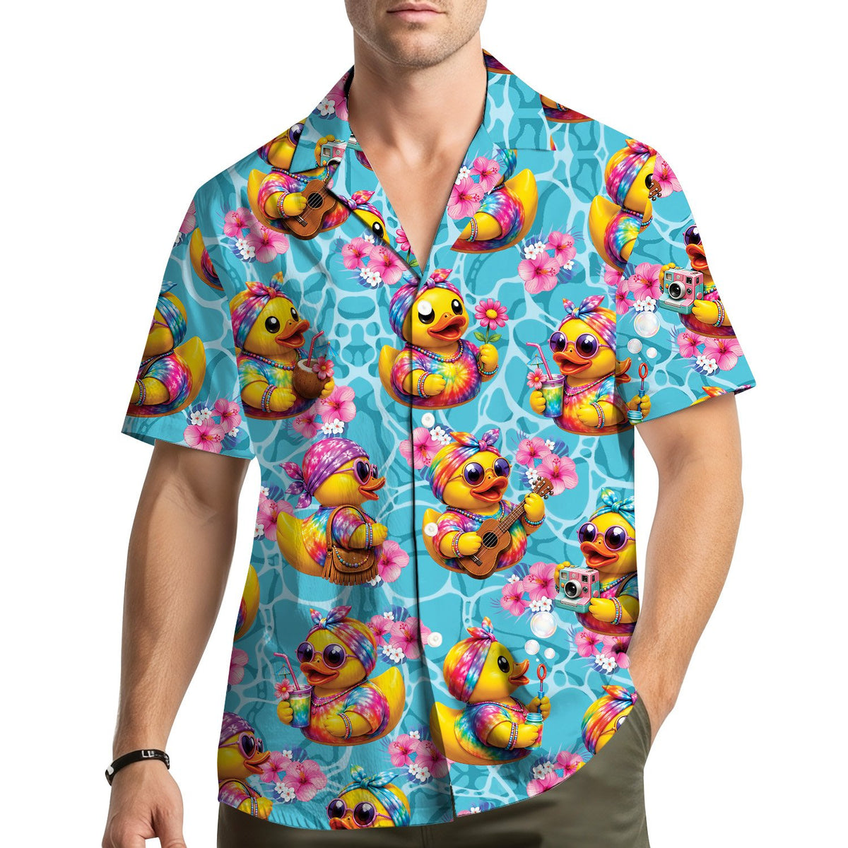 Lifestyle view of people wearing the matching family Hawaiian shirt with toy ducks