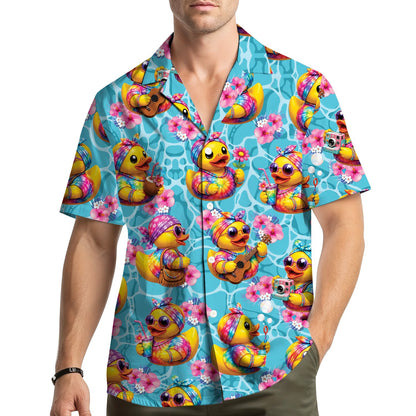 Lifestyle view of people wearing the matching family Hawaiian shirt with toy ducks