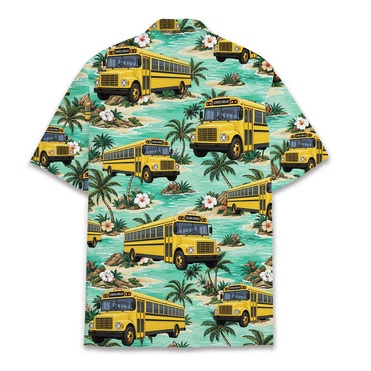 Back view of the tropical school bus hawaiian shirt