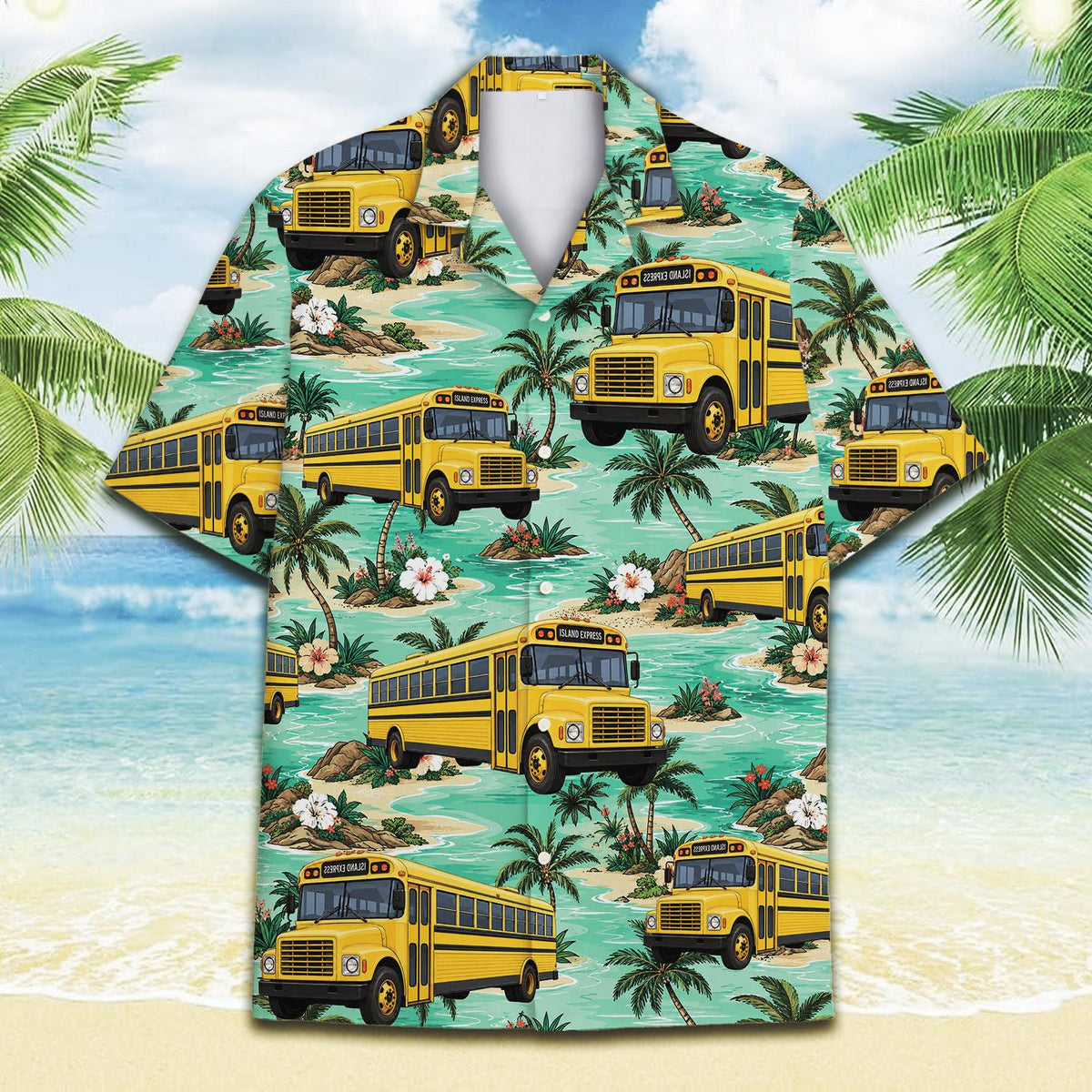 Detail front view of matching family hawaiian shirts with island design