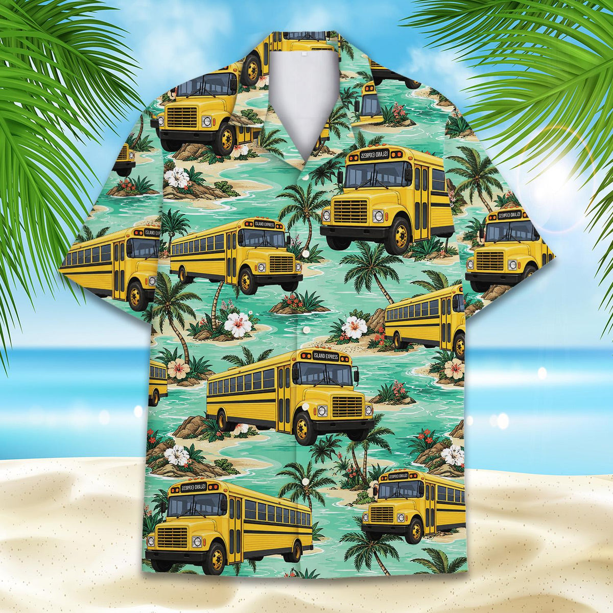 Another front view of the tropical school bus button down