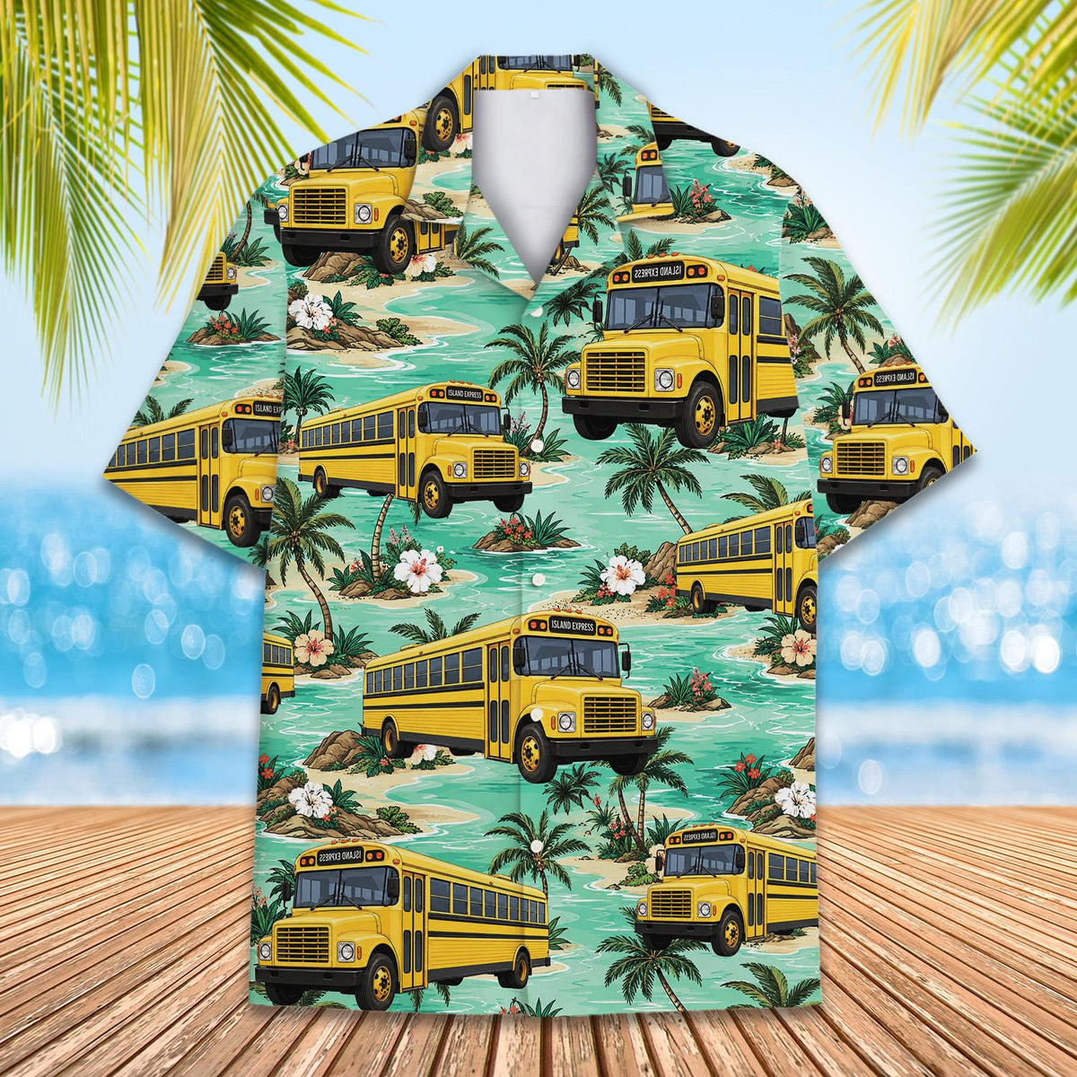 Close up of yellow school bus and palm tree pattern on hawaiian shirt