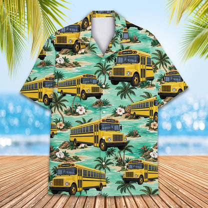 Close up of yellow school bus and palm tree pattern on hawaiian shirt