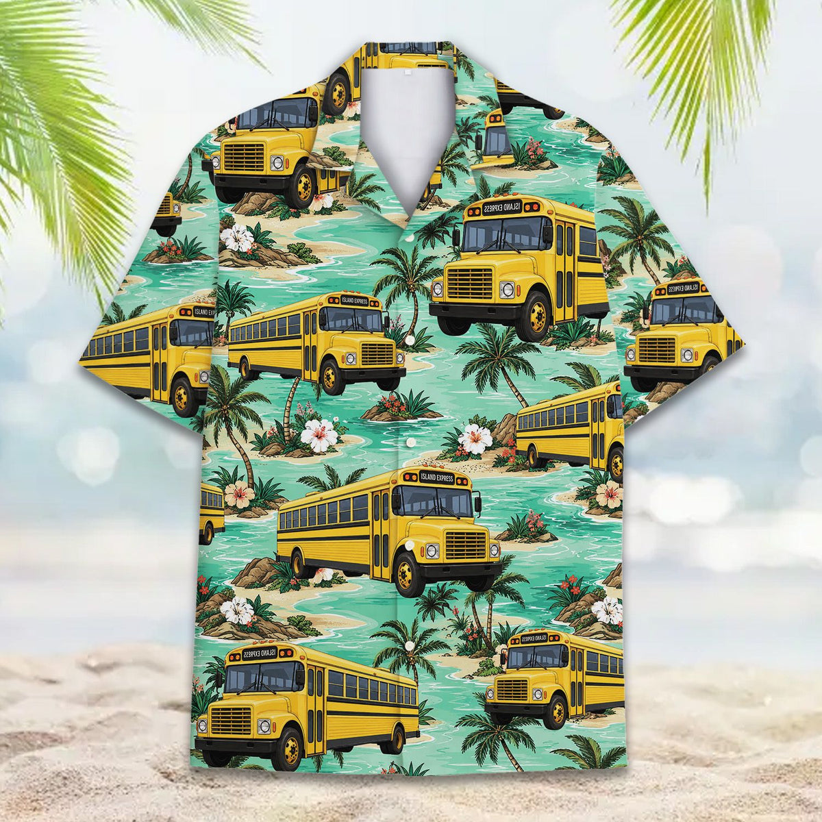 Front view of yellow tropical hawaiian shirt featuring school buses