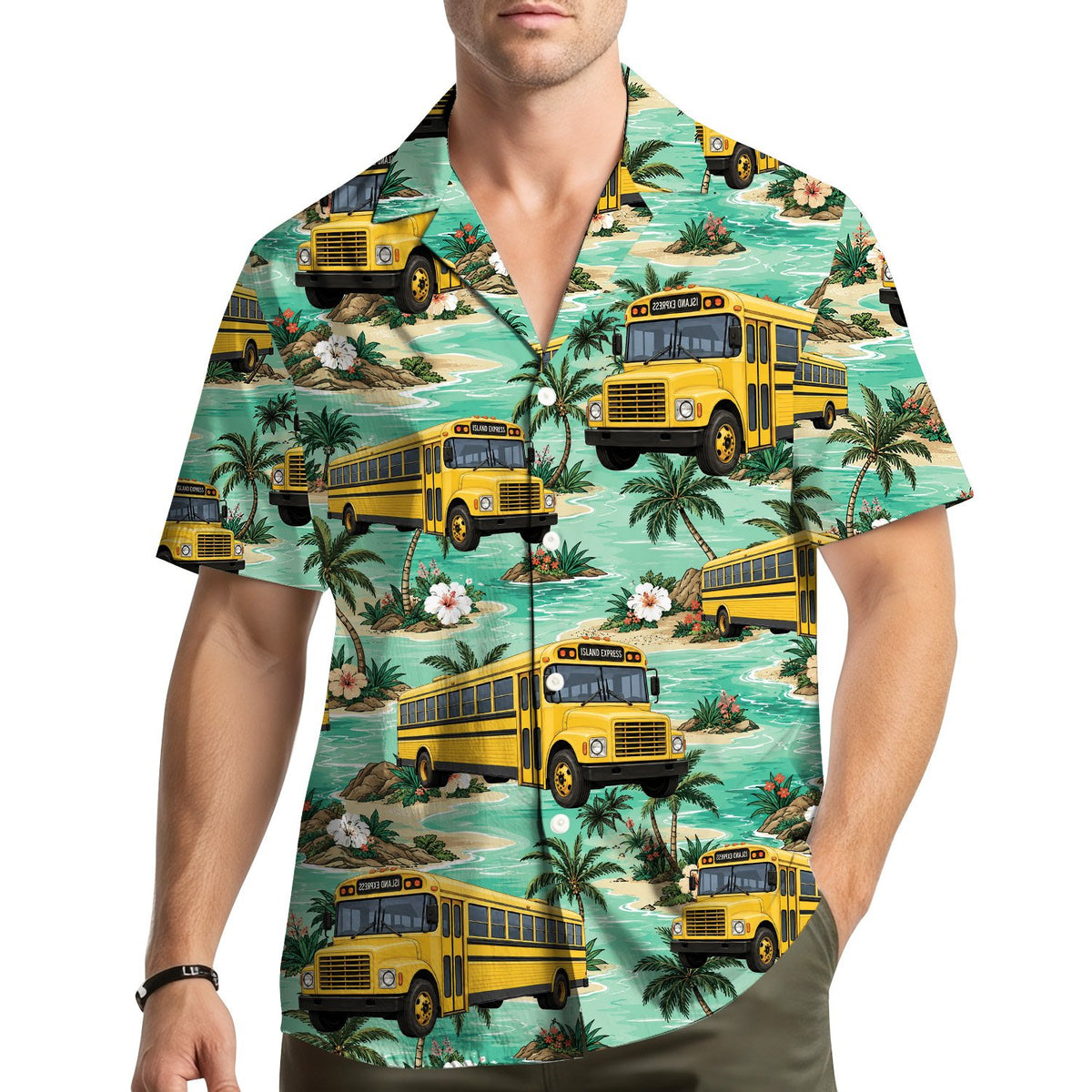 Lifestyle view of someone wearing the tropical school bus shirt outdoors
