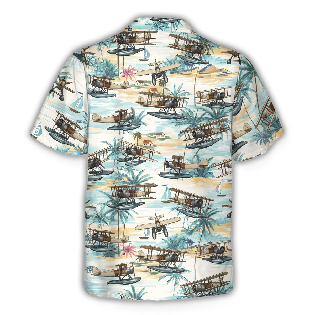 Back view of the tropical seaplanes hawaiian shirt with sailboats and palm trees