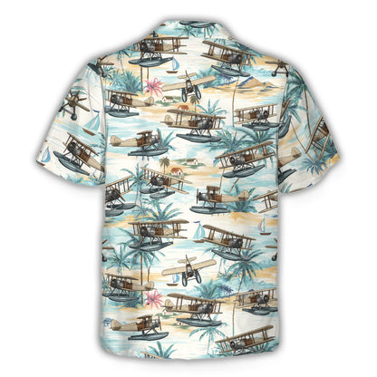 Back view of the tropical seaplanes hawaiian shirt with sailboats and palm trees
