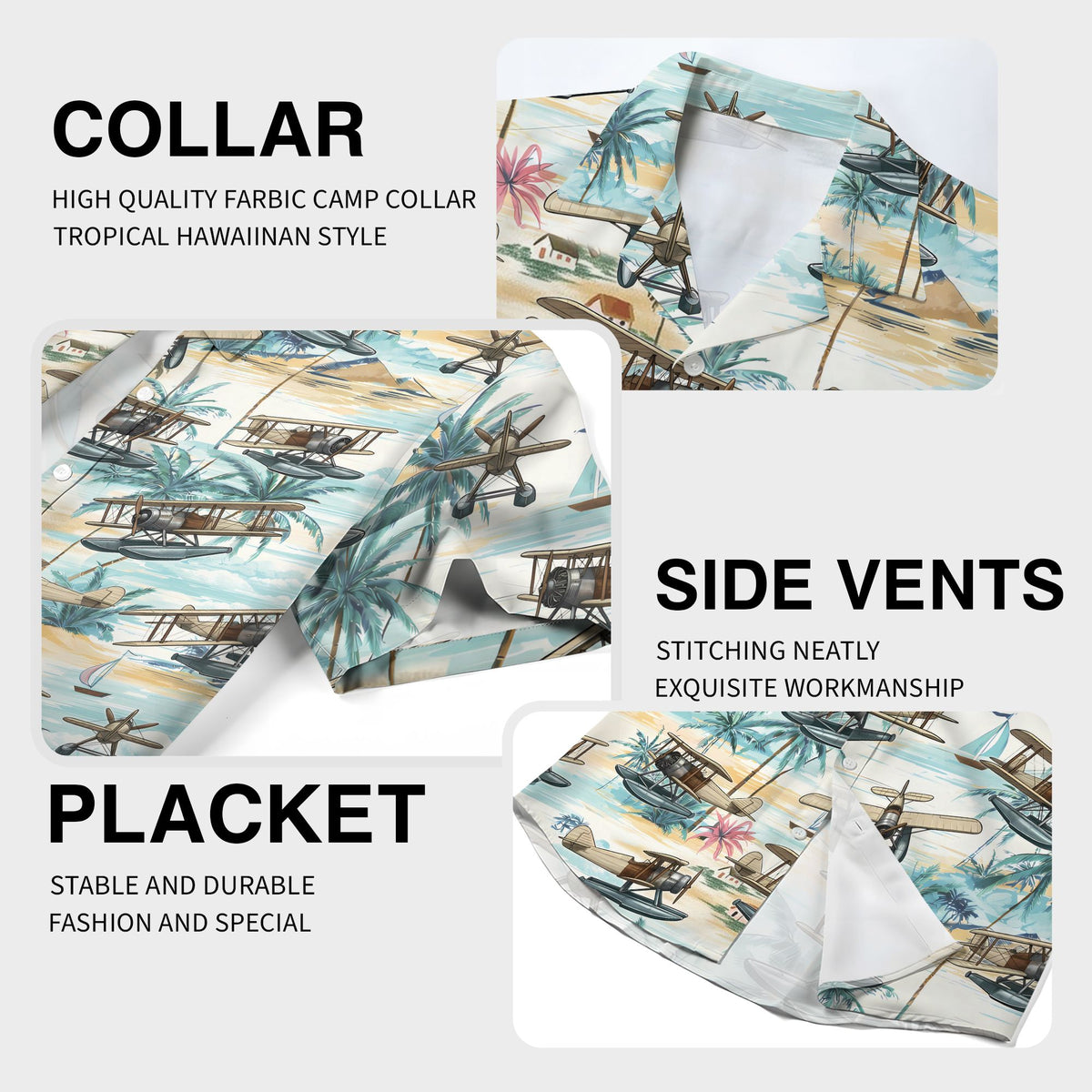 Close-up detail of the tropical seaplanes print on the hawaiian shirt