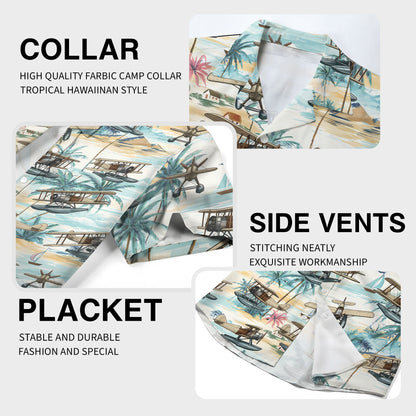 Close-up detail of the tropical seaplanes print on the hawaiian shirt