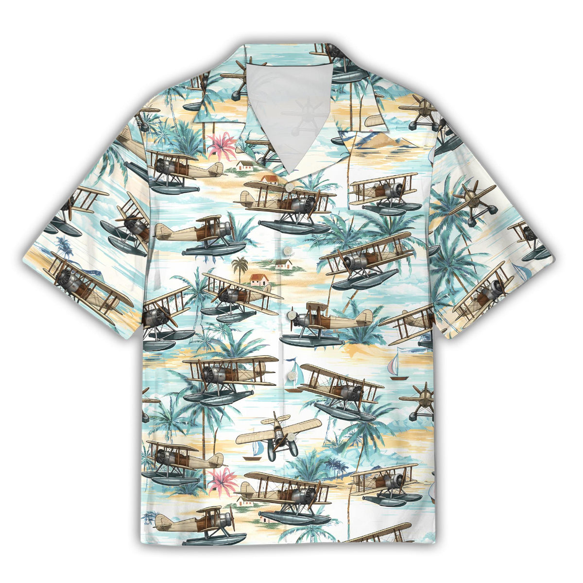 Front view of the tropical seaplanes hawaiian shirt featuring a vintage beach landscape