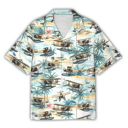 Front view of the tropical seaplanes hawaiian shirt featuring a vintage beach landscape