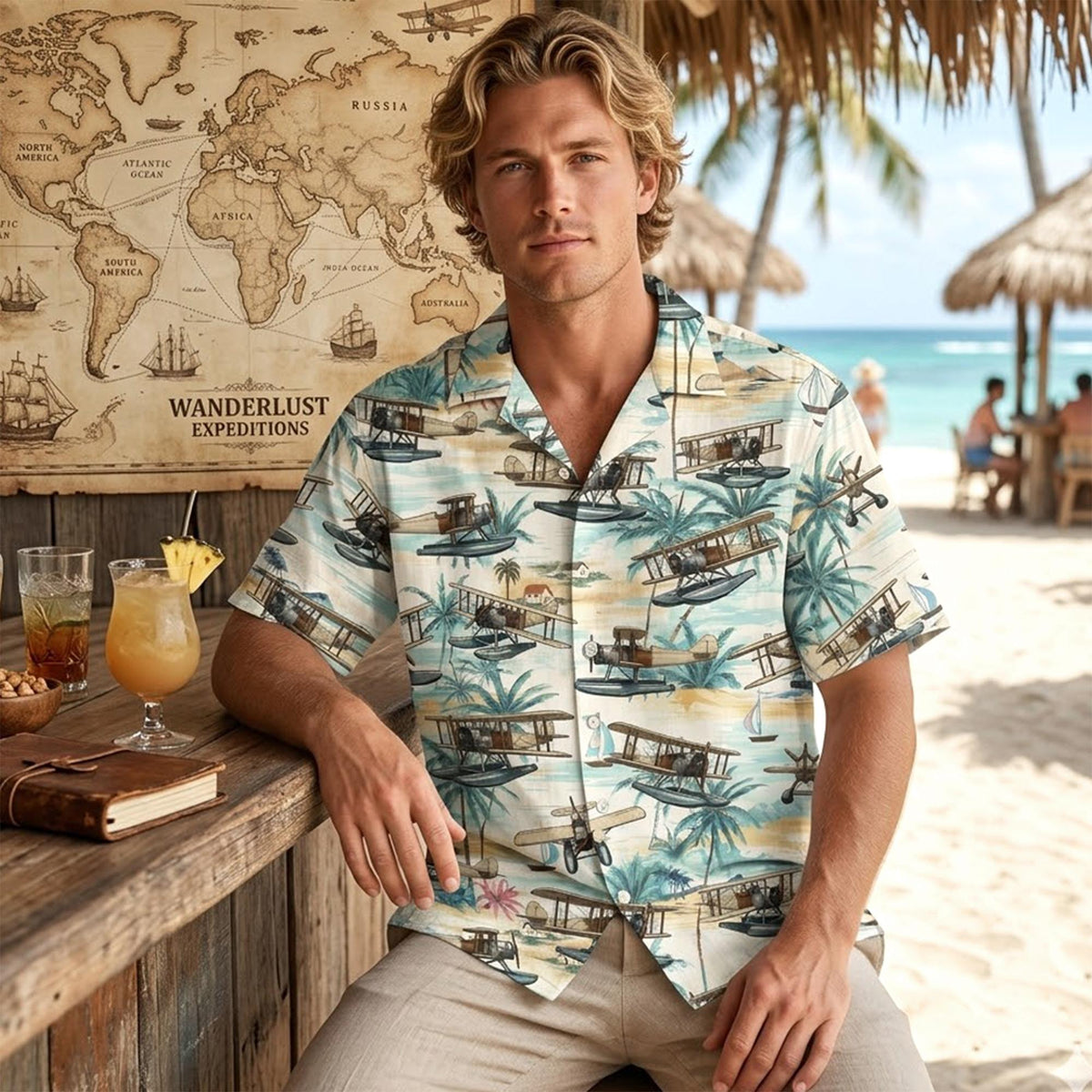 Fourth lifestyle view of the tropical seaplanes shirt worn on a sunny day
