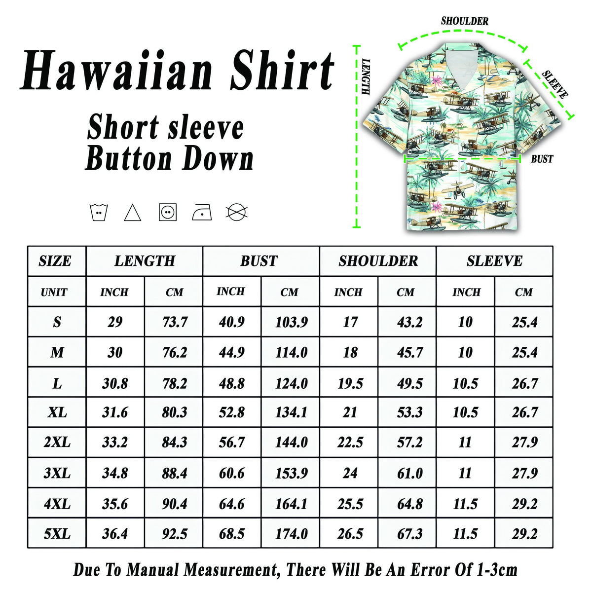 Flat lay view showing the complete design of the tropical seaplanes hawaiian shirt
