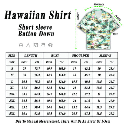 Flat lay view showing the complete design of the tropical seaplanes hawaiian shirt