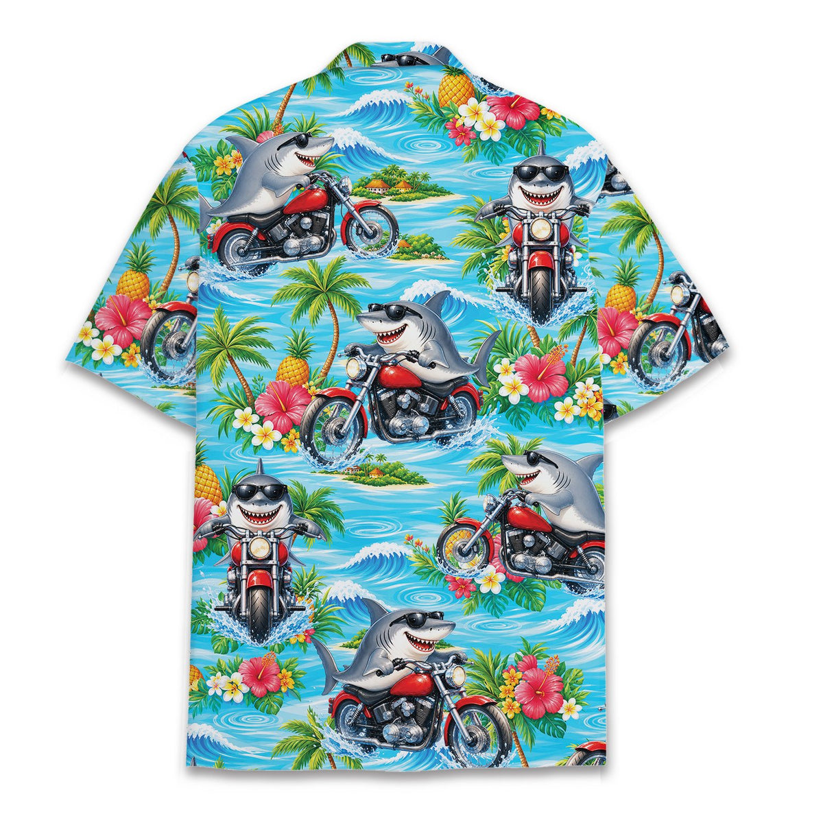 Back view of tropical shark motorcycle hawaiian shirt