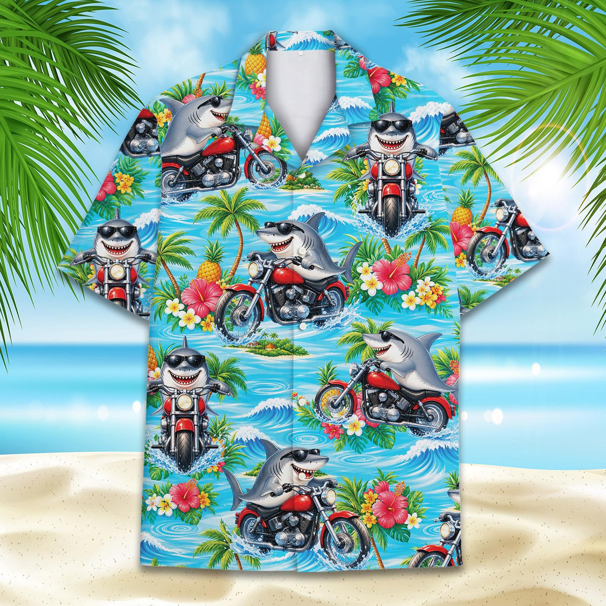 Detailed front view of tropical shark motorcycle hawaiian shirt
