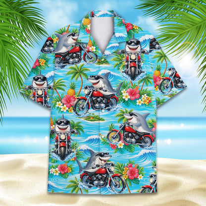 Detailed front view of tropical shark motorcycle hawaiian shirt