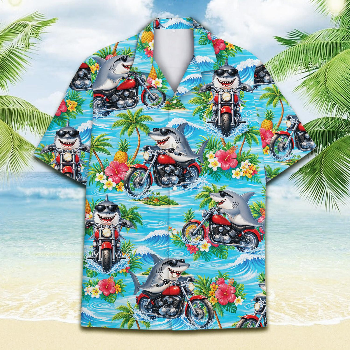 Close up of cartoon shark pattern on hawaiian shirt front
