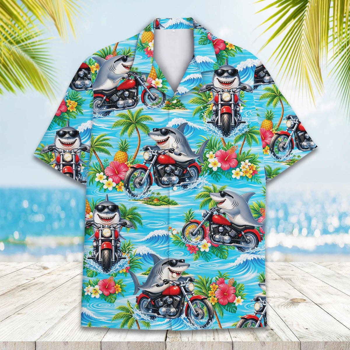 Collar and button detail on tropical shark motorcycle hawaiian shirt