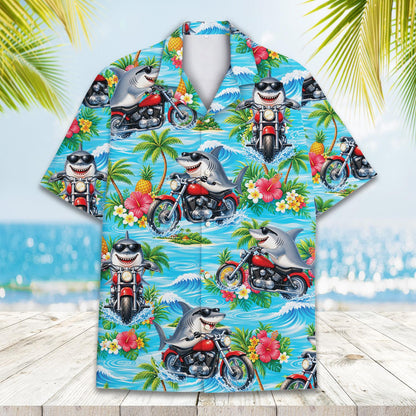 Collar and button detail on tropical shark motorcycle hawaiian shirt