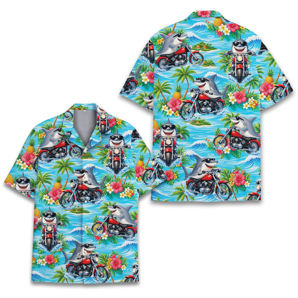 Full front layout of light blue shark hawaiian shirt